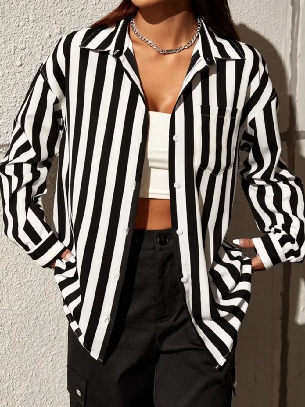 NWT Cupshe Striped Collared Button-Up Blouse Top Black White Size Large L NEW